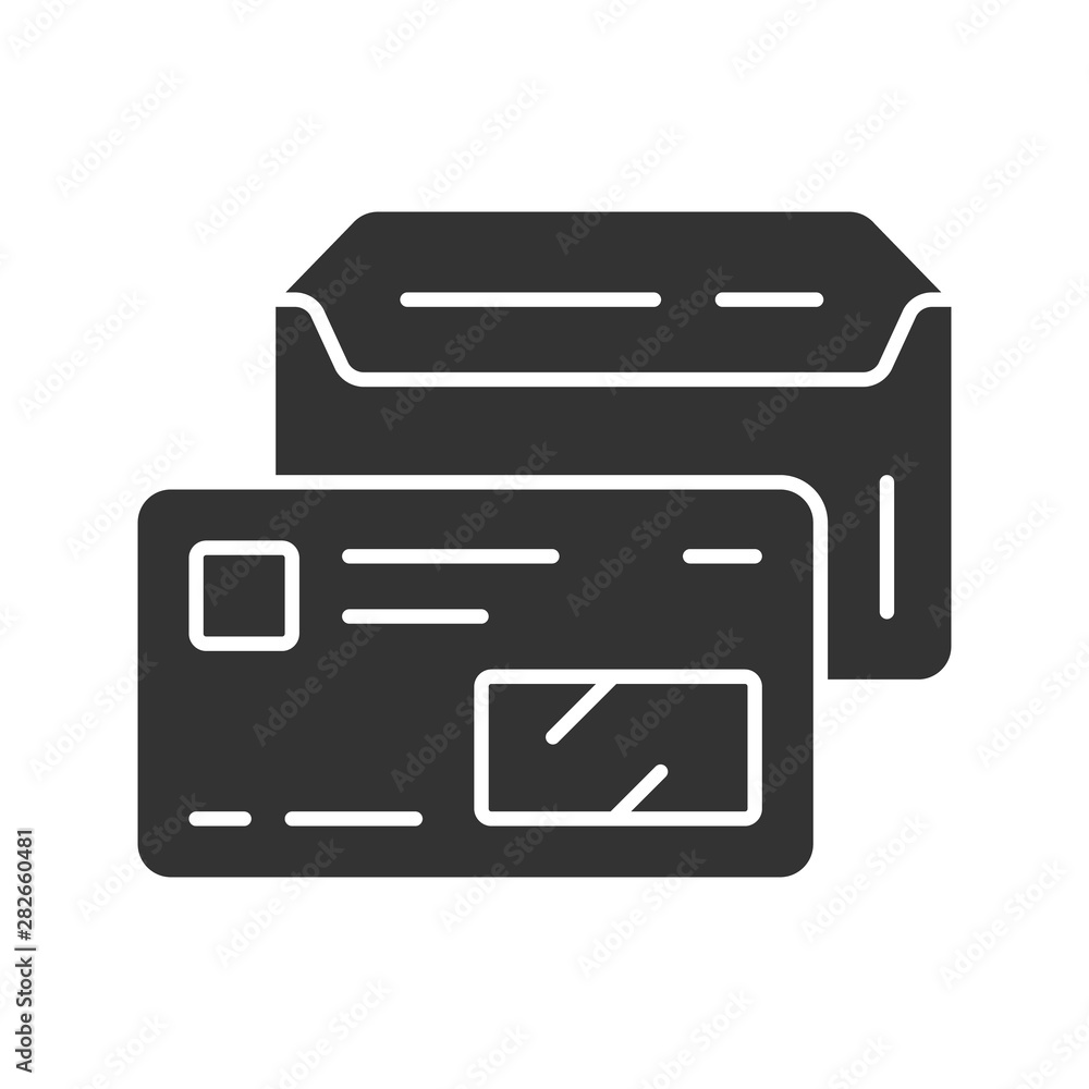 Open envelope and credit card glyph icon. Driver licence, id silhouette symbol. Negative space company employee, worker attribute. Mail receiving, corporate pass vector isolated illustration Open envelope and credit card glyph icon. Driver licence, id silhouette symbol. Negative space company employee, worker attribute. Mail receiving, corporate pass vector isolated illustration