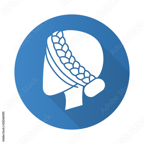 Woman hairstyle flat design long shadow glyph icon. Professional hairstyling. Female head with braided hair. Hairdresser services. Barbershop maintenance. Hair care. Vector silhouette illustration