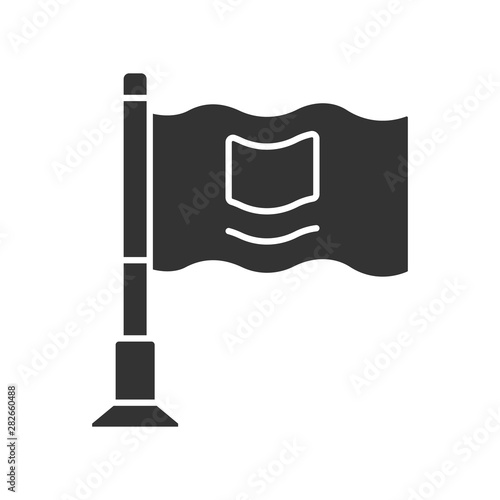 Small waving flag on metal flagpole glyph icon. Rectangular pennant silhouette symbol. Negative space national symbol, company insignia. Navigation mark, location marker vector isolated illustration