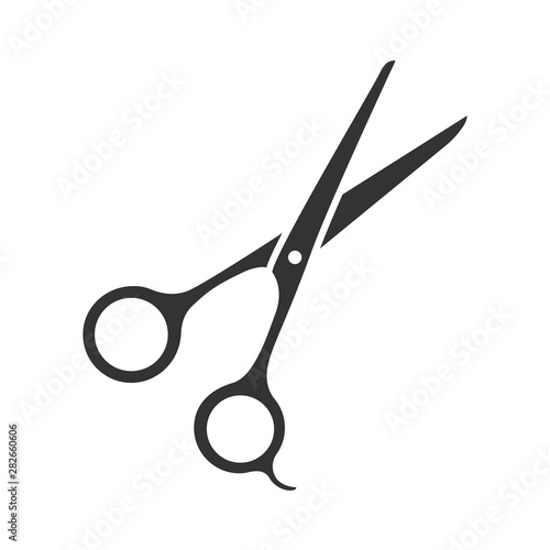 Scissors glyph icon. Haircutting shears. Cutting instrument with finger brace, tang. Hairdressing instrument. Professional hairstyling. Silhouette symbol. Negative space. Vector isolated illustration