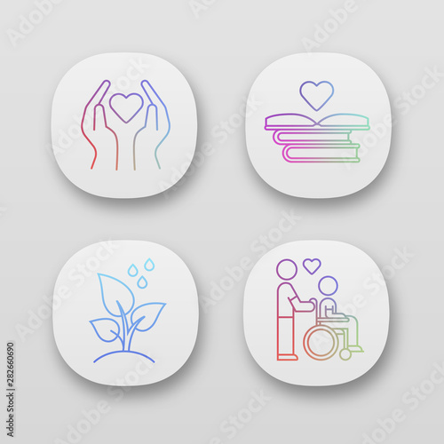 Volunteering app icons set. Charity project, disabled people help, trees planting, educational books distribution. UI/UX user interface. Web or mobile applications. Vector isolated illustrations