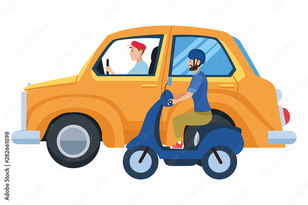 Vehicle and motorcycle with drivers riding