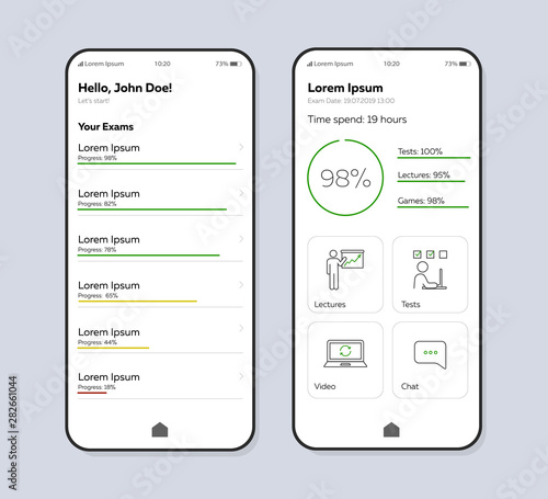 Exams manager smartphone interface vector template. Mobile app page color design layout. Progress assessment screen. Linear UI for application. Study time organizer, planner phone display
