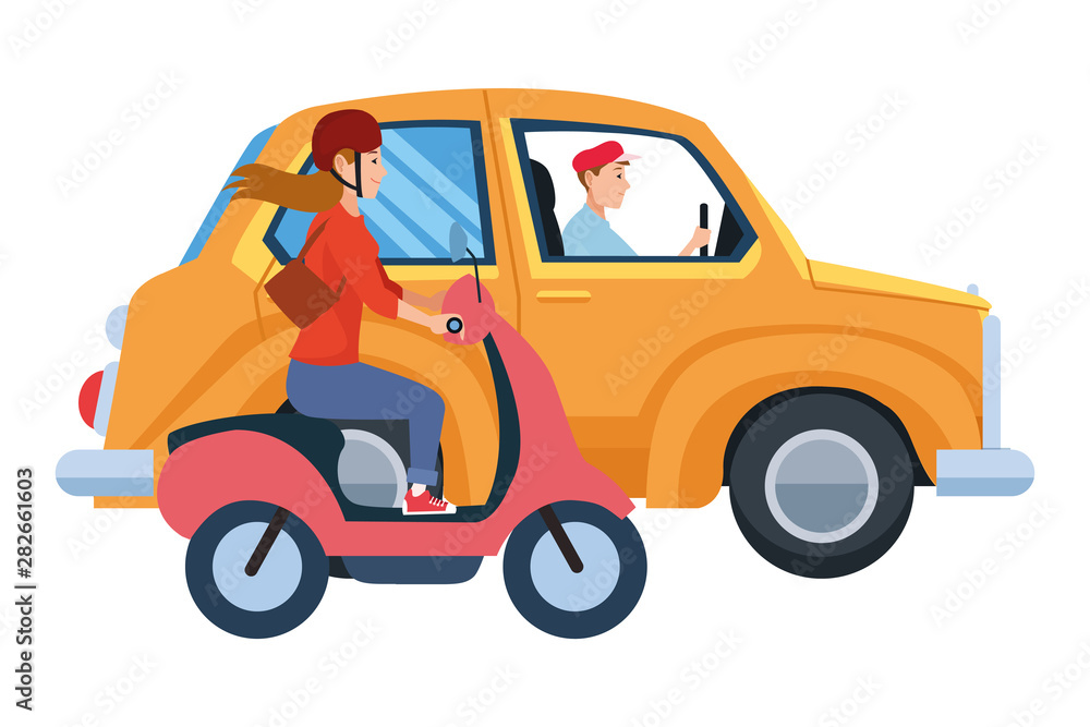 Vehicle and motorcycle with drivers riding