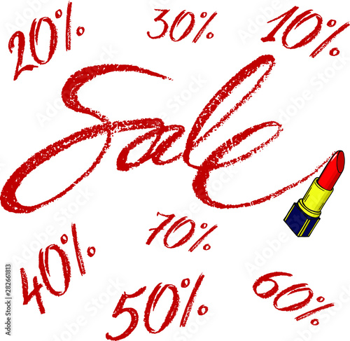 V ector word "sale" and numbers of discount percent made by red lipstic.