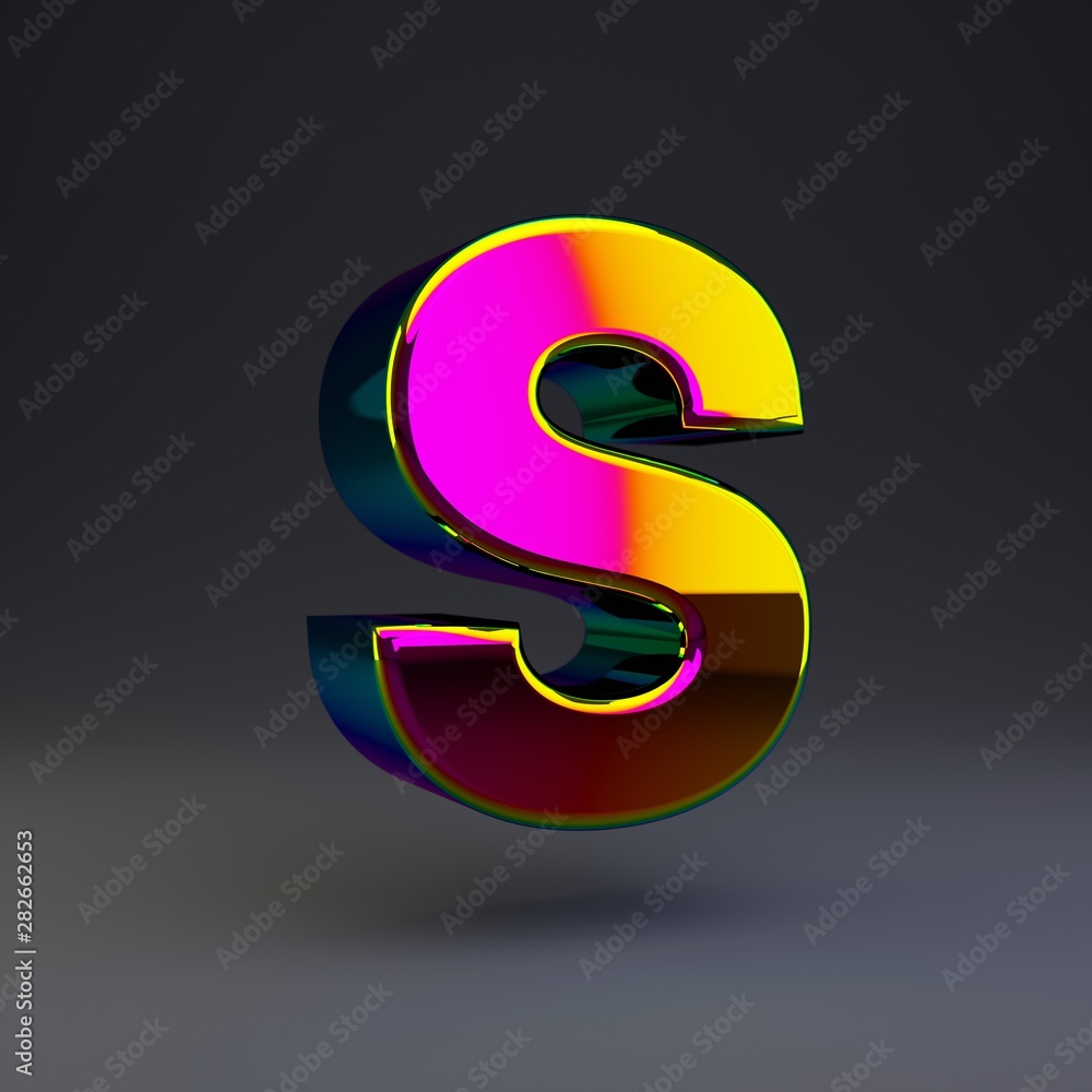 Holographic 3d letter S uppercase. Glossy font with multicolor reflections and shadow isolated on black background. Holographic 3d letter S uppercase. Glossy font with multicolor reflections and shadow isolated on black background.