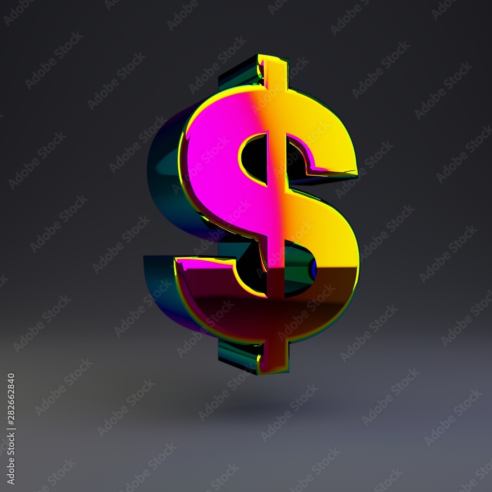 Obraz premium Holographic 3d dollar symbol. Glossy font with multicolor reflections and shadow isolated on black background.