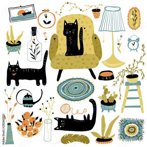Vector set with black cats in the Scandinavian interior in a simple hand-drawn style. Colorful modern illustration