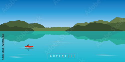 lonely canoeing adventure with red boat on beautiful turquoise lake vector illustration EPS10