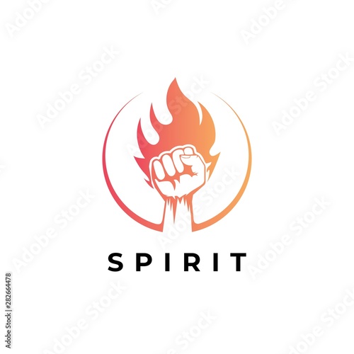 Fist hand with fire flame in the circle logo design template.Spirit illustration symbol