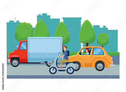 Vehicles and motorcycle with drivers riding