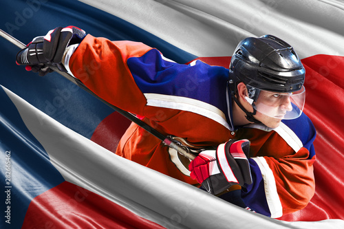 Canvas Print Czech Hockey Player in action around national flags