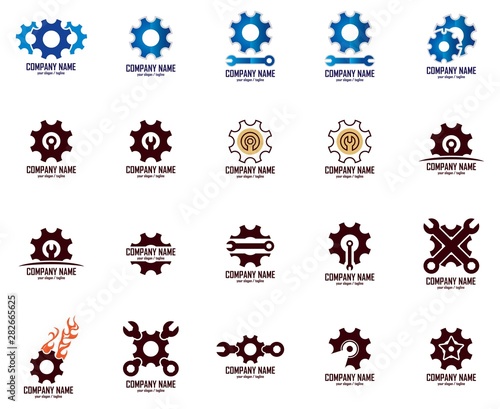 Gear logos. Set of 20 mountain badges for your business. Modern design templates for corporate