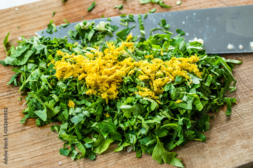 Gremolata Ingredients Lemon Zest, Parsley and Garlic for Osso Buco, Veal Shanks that are Braised in Wine.