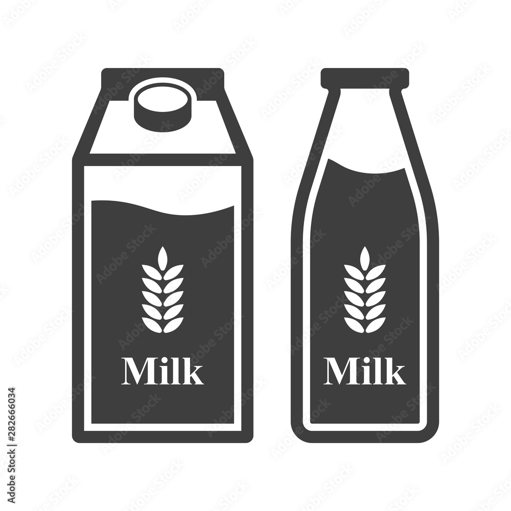 Icon wheat milk in a glass bottle and paper packaging. Vector on a white background Icon wheat milk in a glass bottle and paper packaging. Vector on a white background
