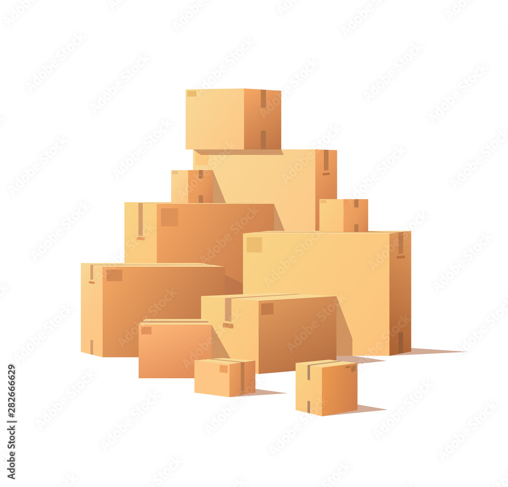 Pile of parcel boxes, stacked sealed goods in cardboard. Realistic packages with adhesive tape isolated on white. Carton packs vector delivery icons - obrazy, fototapety, plakaty 