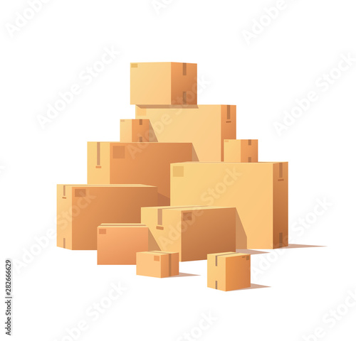 Pile of parcel boxes, stacked sealed goods in cardboard. Realistic packages with adhesive tape isolated on white. Carton packs vector delivery icons © robu_s