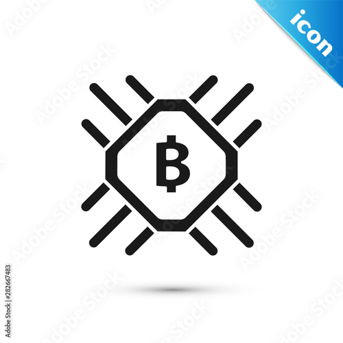 Black CPU mining farm icon isolated on white background. Bitcoin sign inside processor. Cryptocurrency mining community. Digital money. Vector Illustration