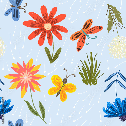 Fototapeta Naklejka Na Ścianę i Meble -  Cute seamless pattern with colorful flowers, dandelions and childish butterflies. Naive floral texture with blossoms, grass and insects for kids textile, wrapping paper, background, surface, wallpaper