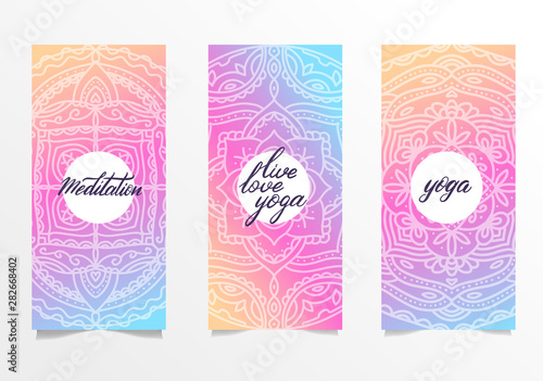 Yoga bright background. Template with mandala in bright color for banners, sites of spiritual development, posters. Set of 3 leaflets with gradient mandalas and hand brush lettering.