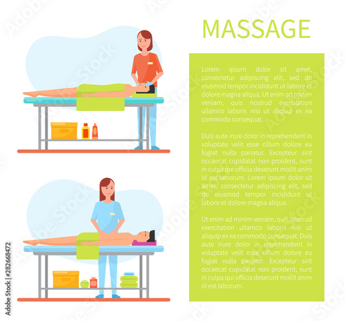 Facial and abdominal and belly massage done by masseuse. Poster with text sample and info about massaging technique, happy clients on tables vector