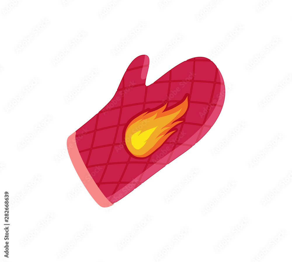 Single oven-glove, vector badges in cartoon style. Mitten of tight textile with diamond and flame pattern, flat isolated kitchen accessory emblem Single oven-glove, vector badges in cartoon style. Mitten of tight textile with diamond and flame pattern, flat isolated kitchen accessory emblem
