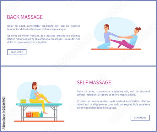 Back and self massage, posters with text sample set vector. Care and health improvement, relieving from pain in body parts, masseuse with clients