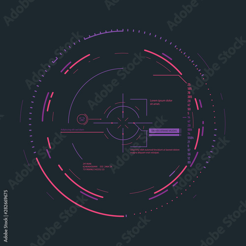 Futuristic aim system overlay vector illustration. Connections and circles. Future information and scope aiming. Radar or targeting system overlay. Visual geometric structure, data with digits. photo