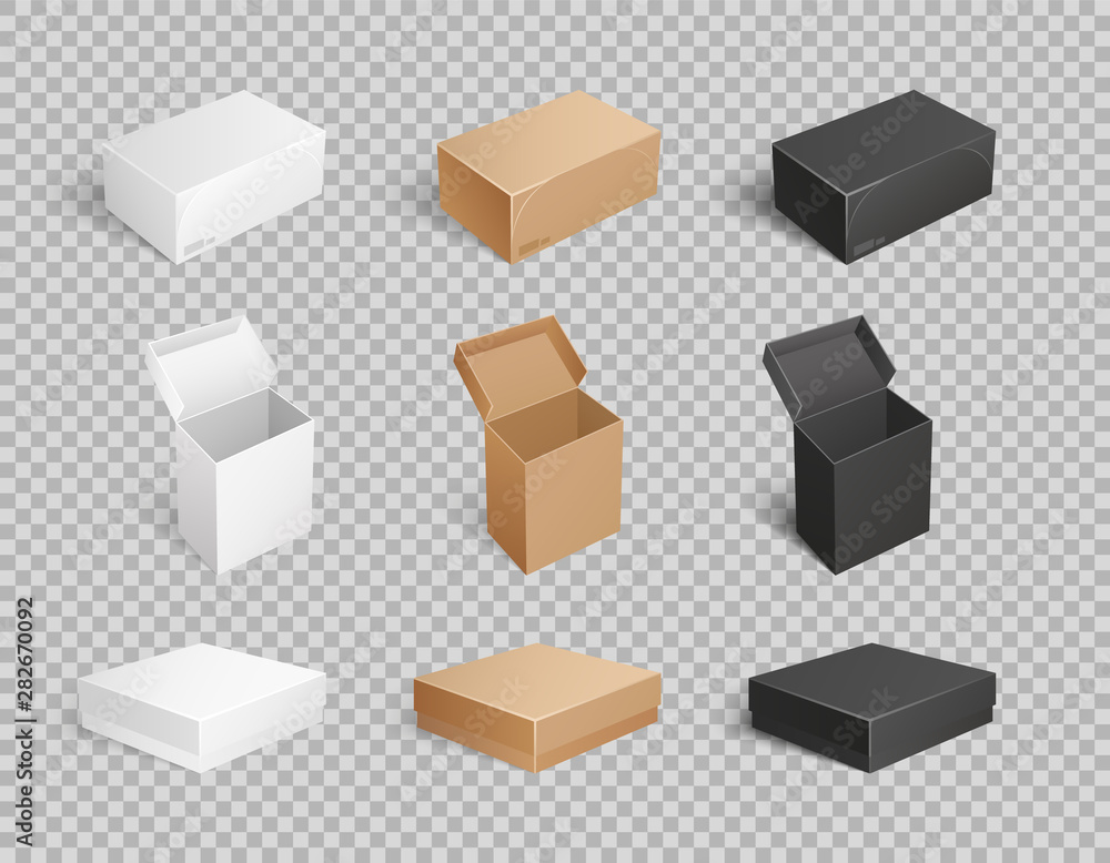 Packages and carton boxes isolated icons on transparent background set vector. Containers with open caps, closed sealed cartons with adhesive tape Packages and carton boxes isolated icons on transparent background set vector. Containers with open caps, closed sealed cartons with adhesive tape
