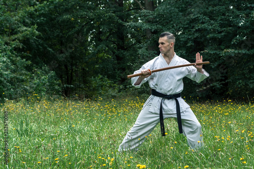 A man in a traditional kimono with a black belt trains karate kick with a bokken. Training takes place in a forest glade with dandelions.