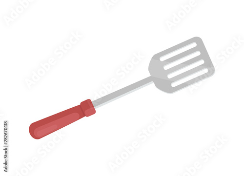 Spatula for barbecue icon closeup. Item with wooden handle used to move roasted meat. Picnic kitchenware cookware for bbq barbeque isolated on vector