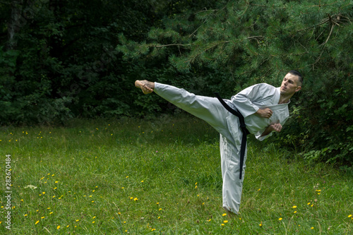 A man in a traditional kimono with a black belt is training in karate. Training takes place in a forest glade with dandelions.