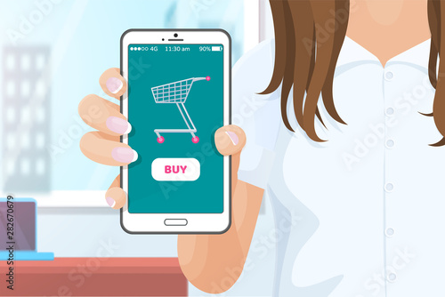 Buy online application for purchasing products from websites. Mobile cell phone in hands of woman, digital era and commerce via internet shops vector