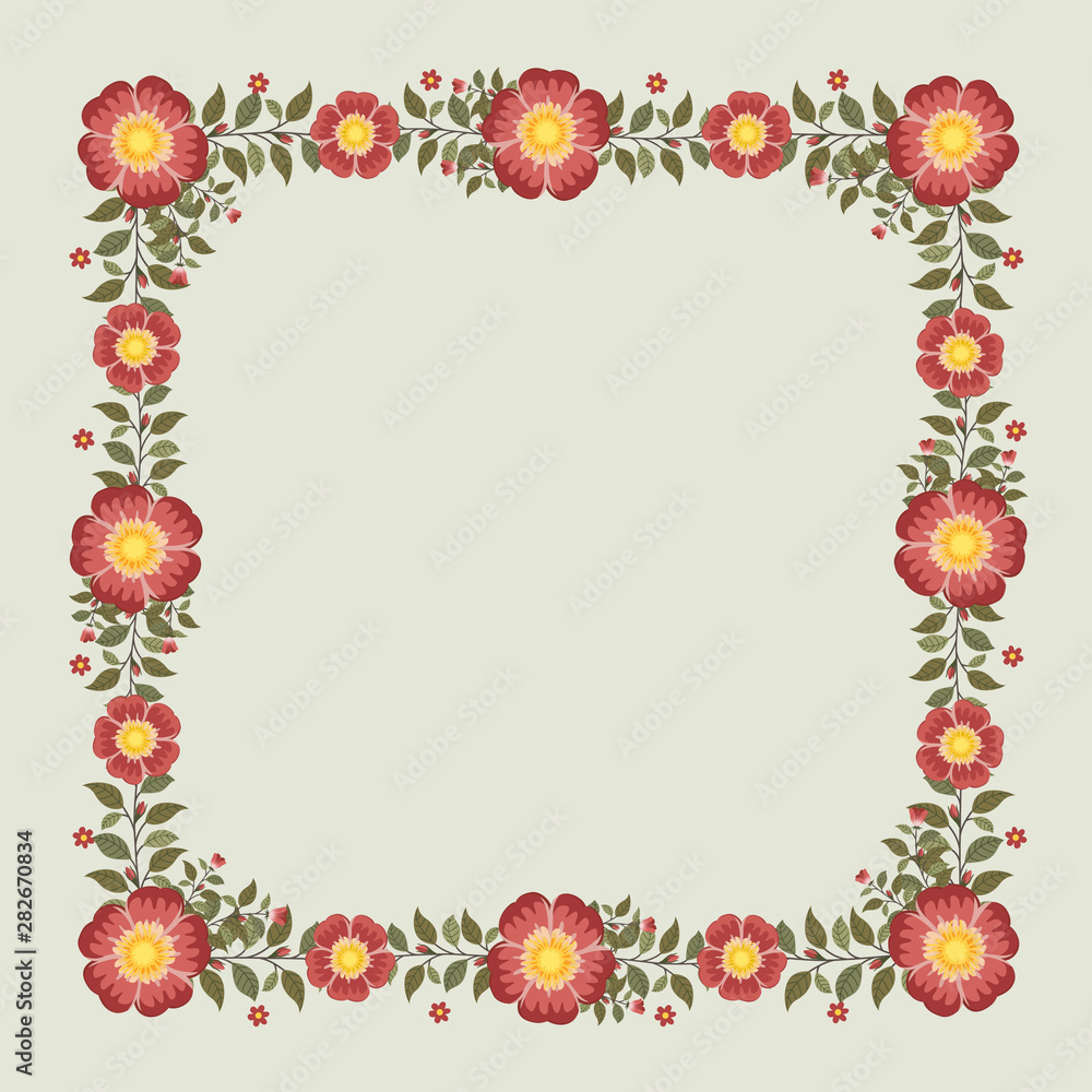 Floral greeting card and invitation template for wedding or birthday, Vector square shape of text box label and frame, Red rosa gallica flowers wreath ivy style with branch and leaves.