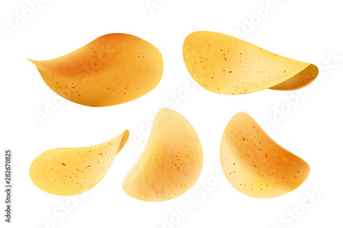 Food snacks accompanying beer drinks set vector. Meal and fastfood crunchy potatoes rings with salt and different tastes. Unhealthy chips and crisps