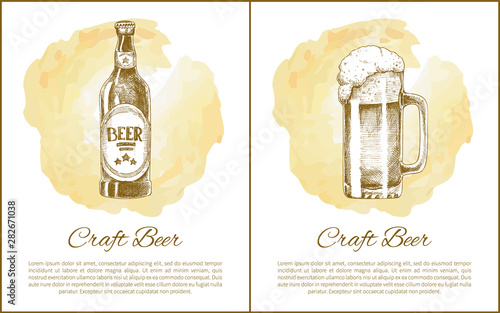 Craft beer objects set hand drawn vector sketches. Full tumbler with flowing foam and closed bottle isolated on beige stain vintage icon for bar menu