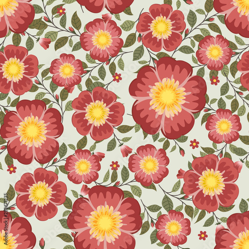 Floral vector artwork for apparel and fashion fabrics  Red rosa gallica flowers wreath ivy style with branch and leaves. Seamless patterns background.