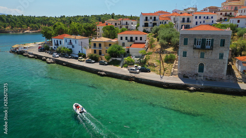 Aerial drone photo from picturesque seaside fishing village and port of historic Galaxidi, Fokida, Greece photo