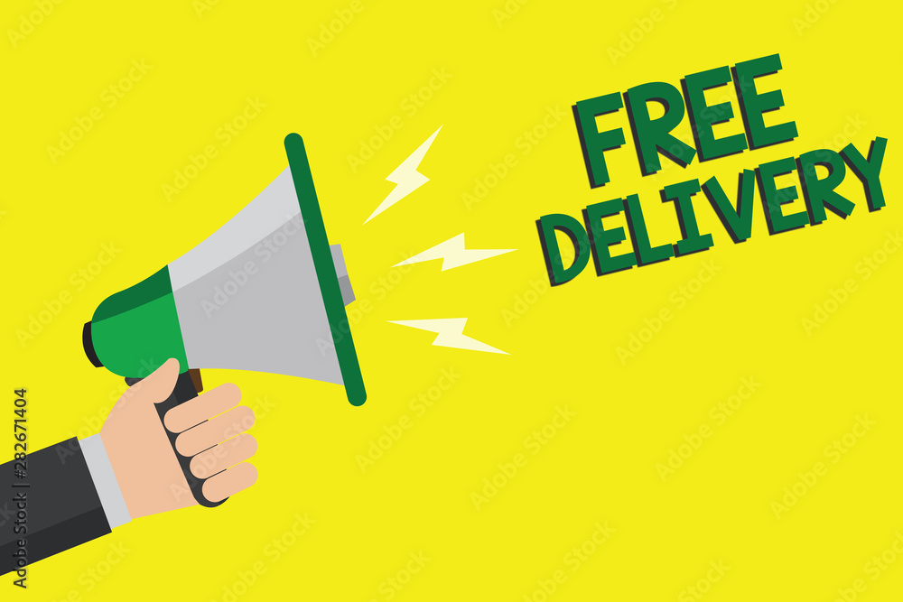 Text sign showing Free Delivery. Conceptual photo Shipping Package Cargo Courier Distribution Center Fragile Man holding megaphone loudspeaker yellow background message speaking loud Text sign showing Free Delivery. Conceptual photo Shipping Package Cargo Courier Distribution Center Fragile Man holding megaphone loudspeaker yellow background message speaking loud