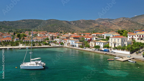 Aerial drone photo from picturesque seaside fishing village and port of historic Galaxidi, Fokida, Greece © aerial-drone