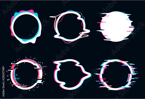 Glitch circle set, futuristic decoration with distortion