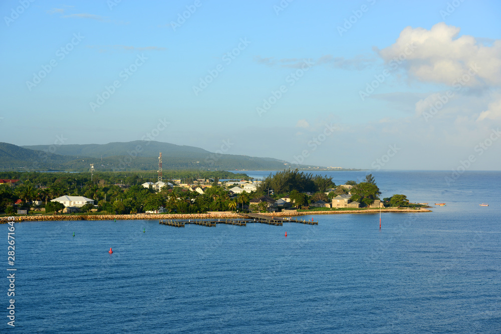 Aerial view of Falmouth Harbor and coastline, Jamaica.