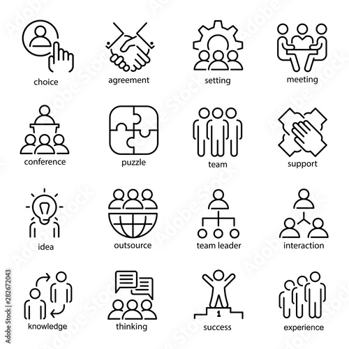 Team work line art icon set, business group symbol