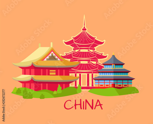 China Chinese architecture poster set vector. Architectural style of Asian part of world. Building and constructions of different color sightseeing