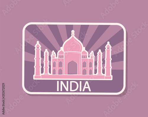 India sight Taj Mahal national building with dome magnet isolated vector. Indian architecture, historical construction for tourists while traveling