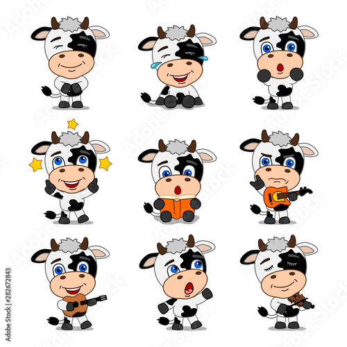 Set of funny cow in cartoon style in different poses and with musical instruments
