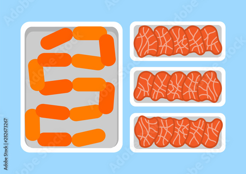 Sausages and meat steaks fresh organic products in plastic tray, retail market. Butchery food in package vector icon, veal and pork, tenderloin and sirloin