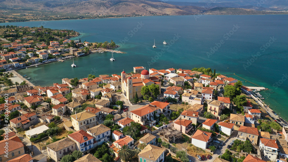 Aerial drone photo from picturesque seaside fishing village and port of historic Galaxidi, Fokida, Greece Aerial drone photo from picturesque seaside fishing village and port of historic Galaxidi, Fokida, Greece
