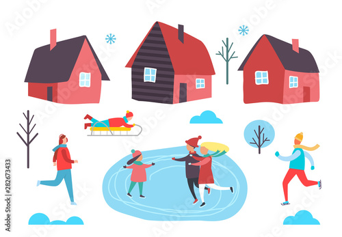 Winter people skating on frozen ice, houses set vector. Seasonal activities of family, kid riding sledges and man jogging. Snowflakes and snowy trees