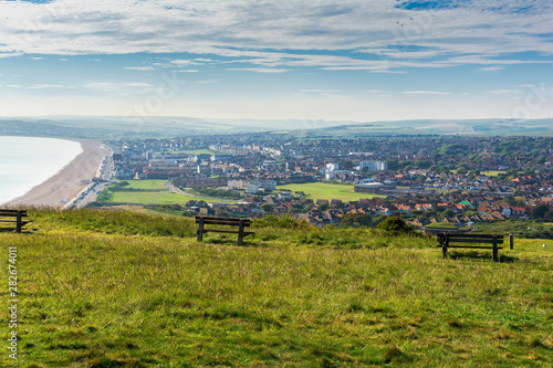 View of Seaford town from cliff tops, blue sea, Newhaven on the background, selective focus photo